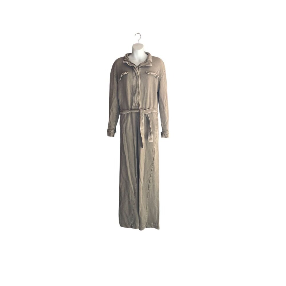 Zara Green and Tan Long Sleeve Zip Up Jumpsuit